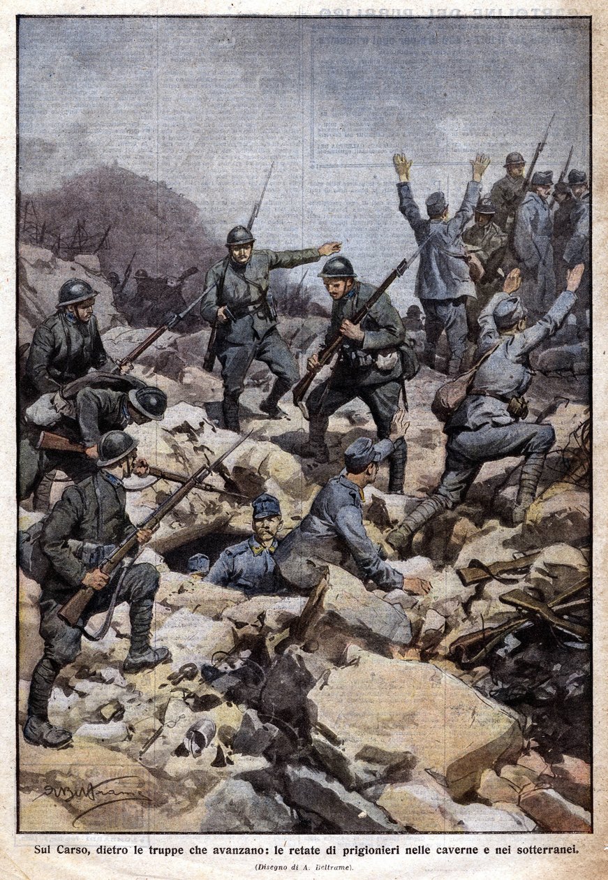Eerste Wereldoorlog: Italiaanse front op het Carso-plateau (Trentino) en gevangenen in de ondergrond. 