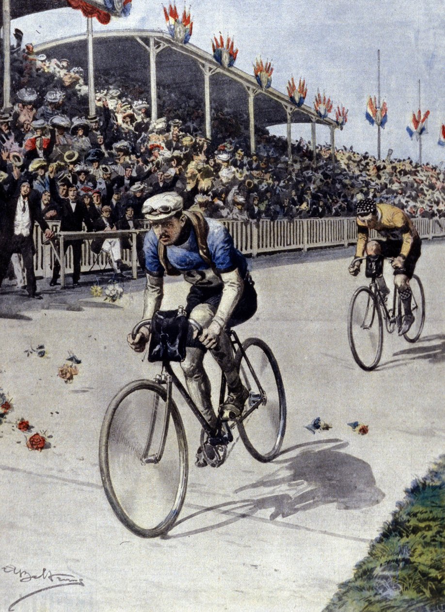 Fietser Peer Breton Winnaar van de Tour de France in 1908. illustratie door Achille Beltrame. door Achille Beltrame