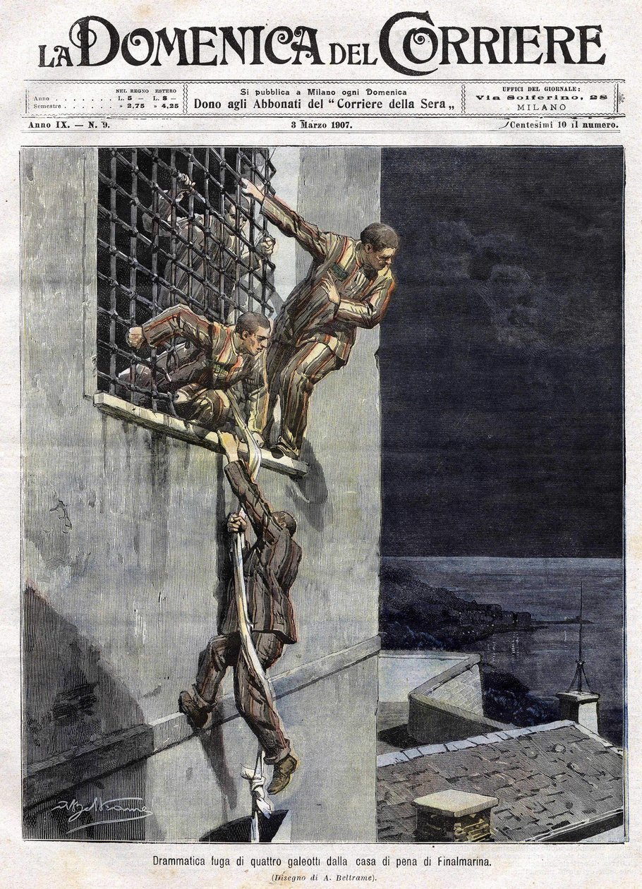 ontsnapping van drie gevangenen uit de gevangenis van Finalmarina in Italië in 1907. Illustratie van Achille Beltrame voor de Domenica del Corriere van 3 maart door Achille Beltrame