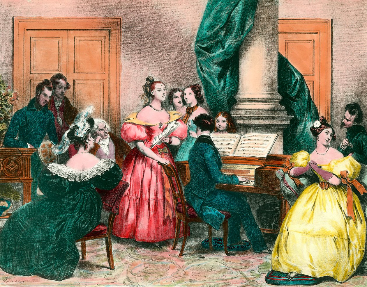 Een muzikale middag in familie Gravure door Achille Deveria (1800-1857) Gravure uit de 19e eeuw. Privécollectie door Achille Devéria