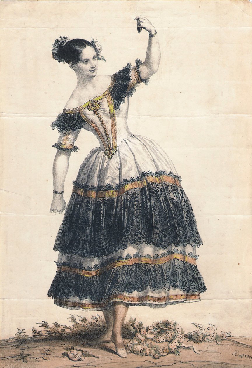 Fanny Elssler als Florinda in de dans La Cachucha ballet Le Diable boiteux, 1836 door Achille Devéria