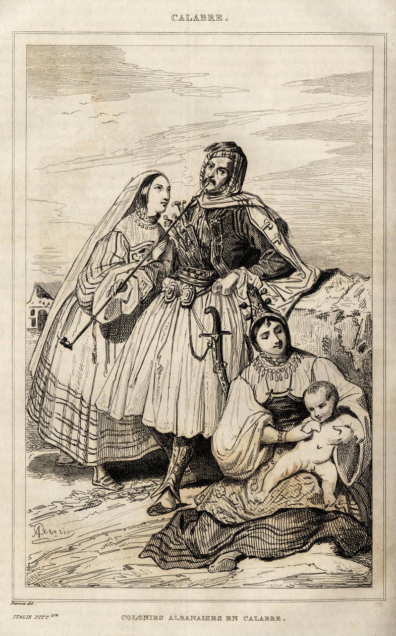 Een Albanese kolonie in Calabrië, gravure door Deveria, in "Italie pittoresque", Amable Coste uitgever, Parijs door Achille Devéria