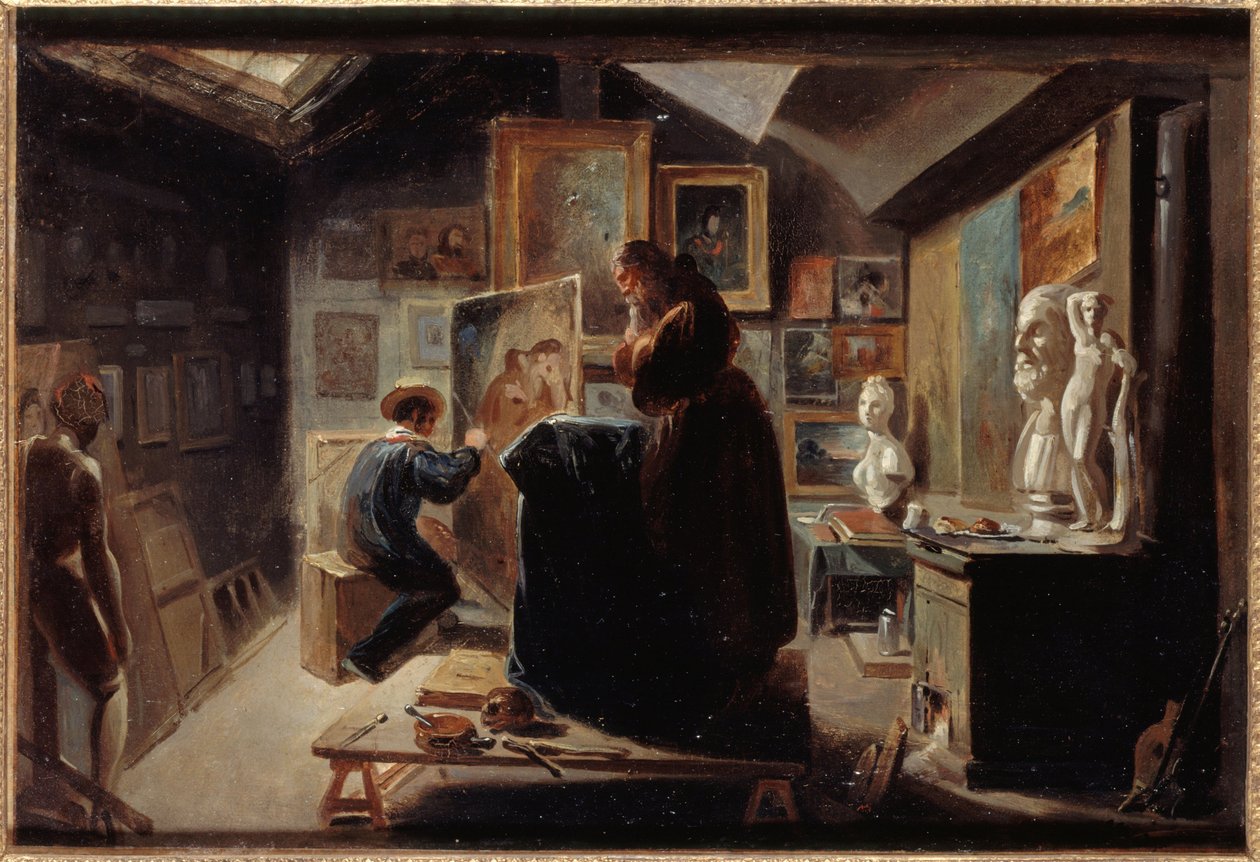 Houding van het model, circa 1838 (olieverf op papier op doek) door Achille Devéria