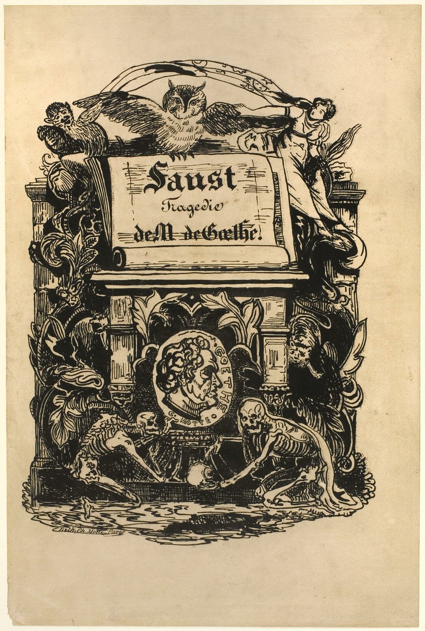 Portretmedaillon van Goethe, titelpagina uit Faust door Achille Devéria