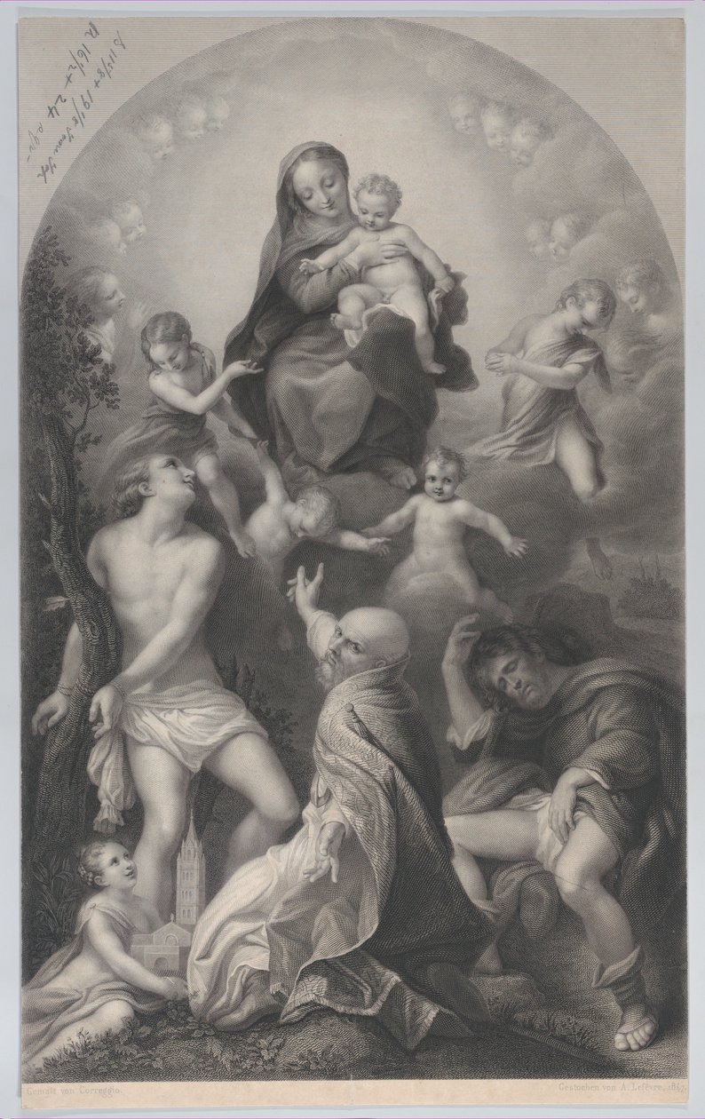 De Madonna van Sint Sebastiaan, met de Maagd en Kind, omringd door engelen, kijkend..., 1847 door Achille Désiré Lefèvre
