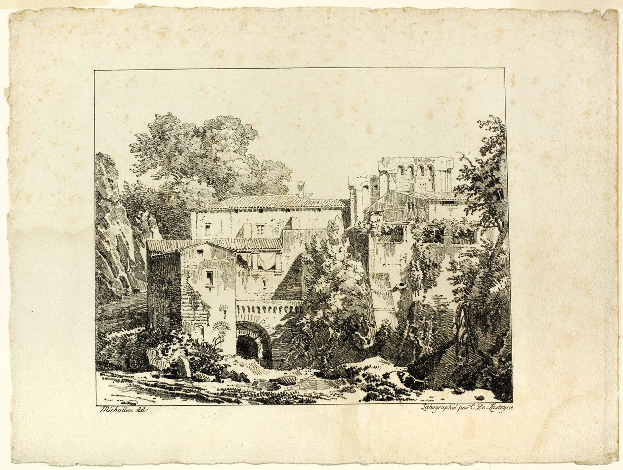Landschap met Ruïnes en Viaduct door Achille Etna Michallon