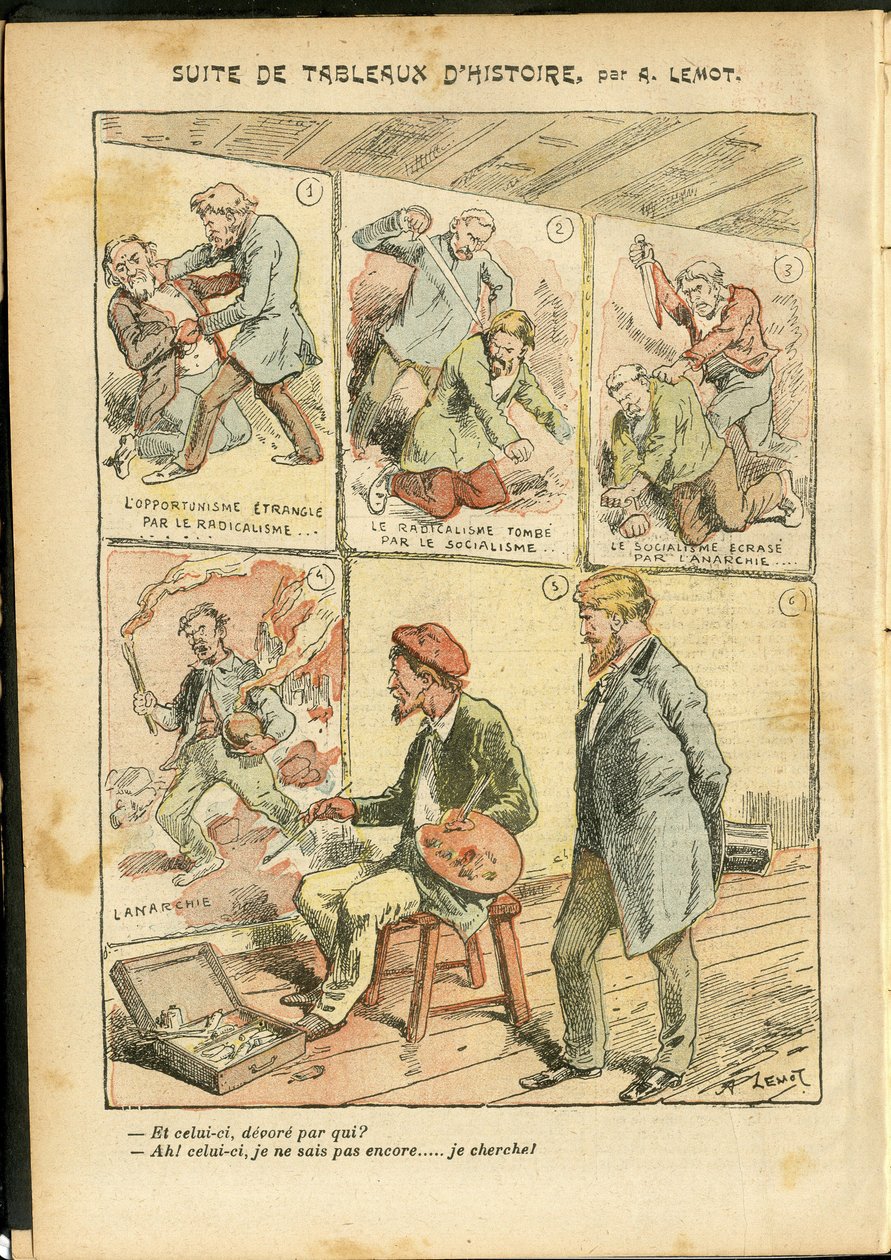Illustratie van Achille Lemot (1846-1909) in Le Pelerin, 20/05/06 - Reeks historische schilderijen - Anarchisme, Radicalisme, Kunst, Revolutie, Opportunisme, Onveiligheid, Socialisme - Schilders kunstenaars door Achille Lemot