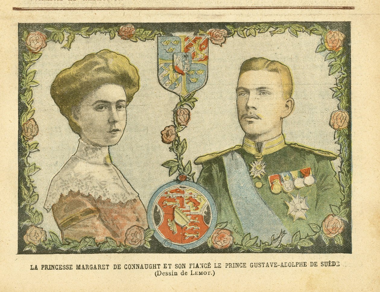 Illustratie door Achille Lemot in Le Pelerin, 21/05/05 - Prinses Margaret van Connaught en haar verloofde Prins Gustave-Adolphe van Zweden - Monarchie, Medaille, Buitenlandse Soeverein, Zweden - De Connaught Margaret, Gustave IV Adolphe van Zweden door Achille Lemot