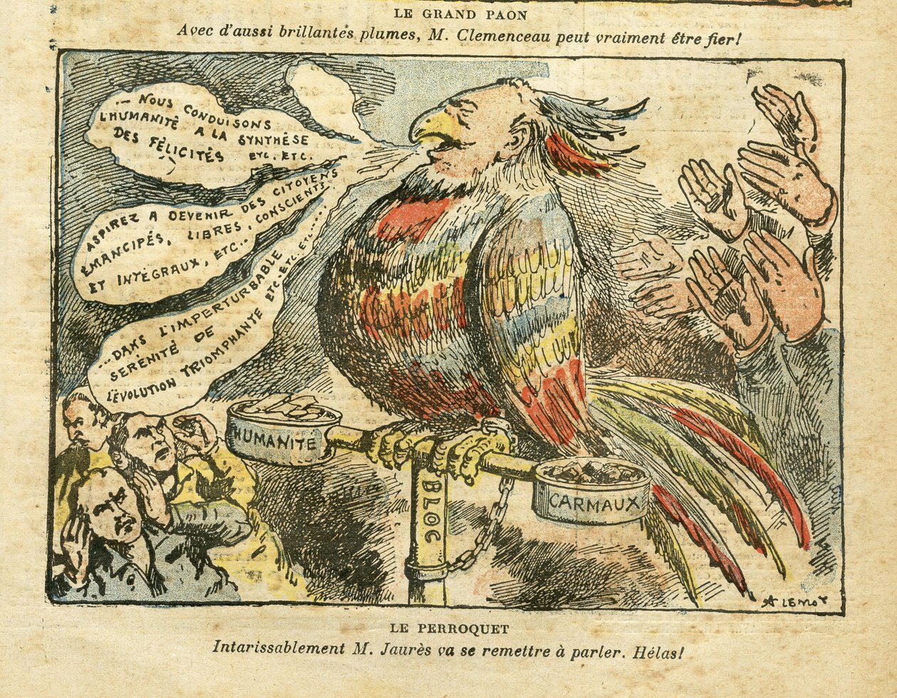 Illustratie door Achille Lemot (1846-1909) in Le Pelerin, 26/01/08 - De grote pauw - Staking, Socialisme, Carmaux, Humanité (dagblad) - Jaurès Jean, Papegaai door Achille Lemot