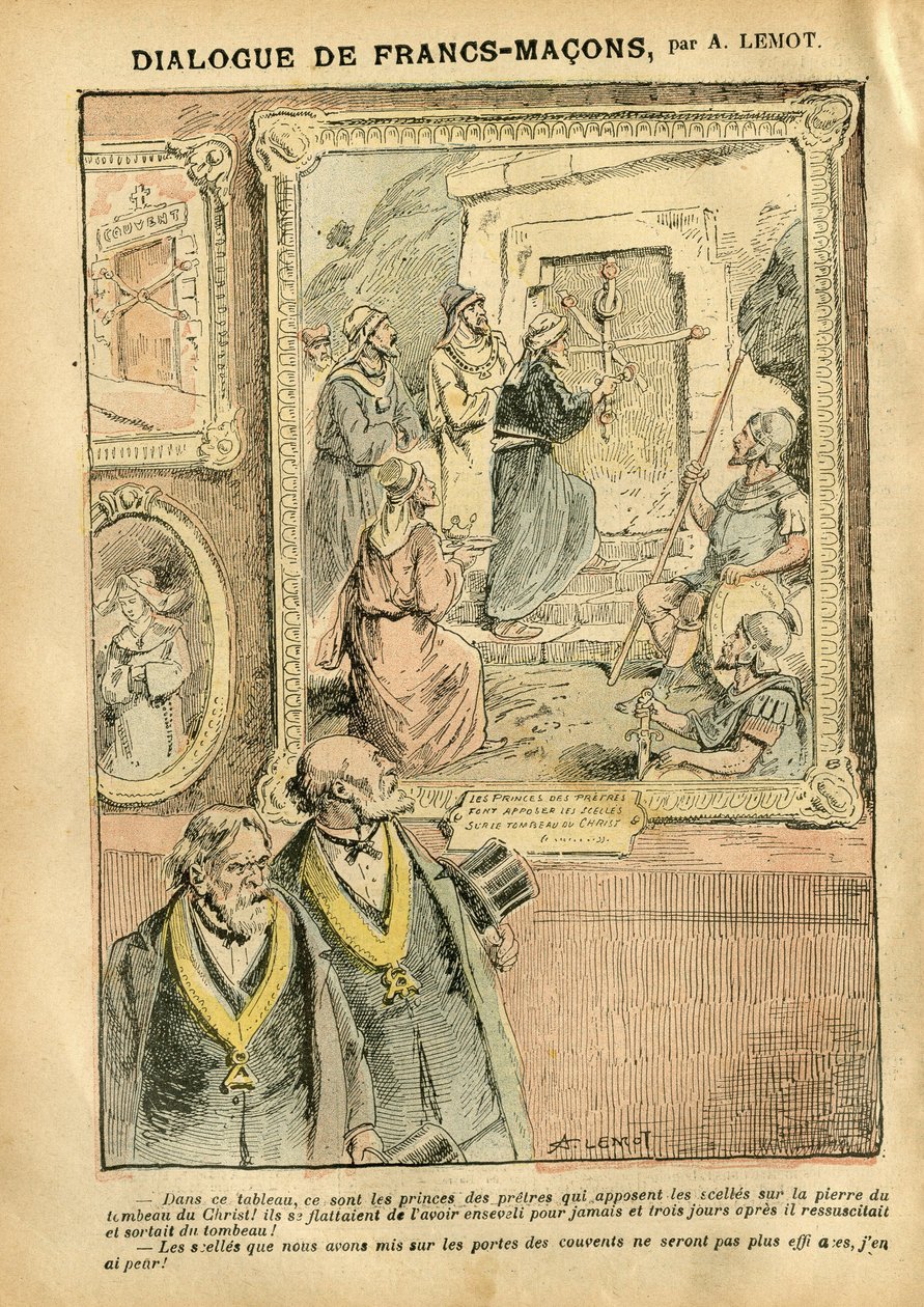 Illustratie door Achille Lemot (1846-1909) in Le Pelerin, 31/03/07 - Dialoog van Vrijmetselaars - Kunst, Antimaconisme Vrijmetselarij, Religie Geloof, Katholiek Katholicisme - Scheiding van Kerk en Staat, Inventarissen/Reacties op inventarissen door Achille Lemot