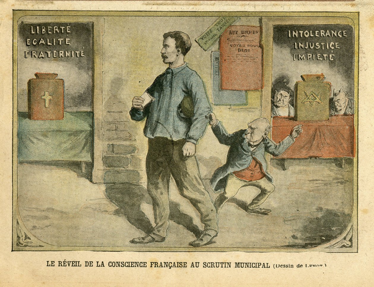 Illustratie van Achille Lemot in Le Pelerin, 01/05/04 - Het ontwaken van het Franse geweten bij de gemeenteraadsverkiezingen - Verkiezingen, Religie, Blok van links, Katholicisme - Secularisatie - Combes Emile door Achille Lemot