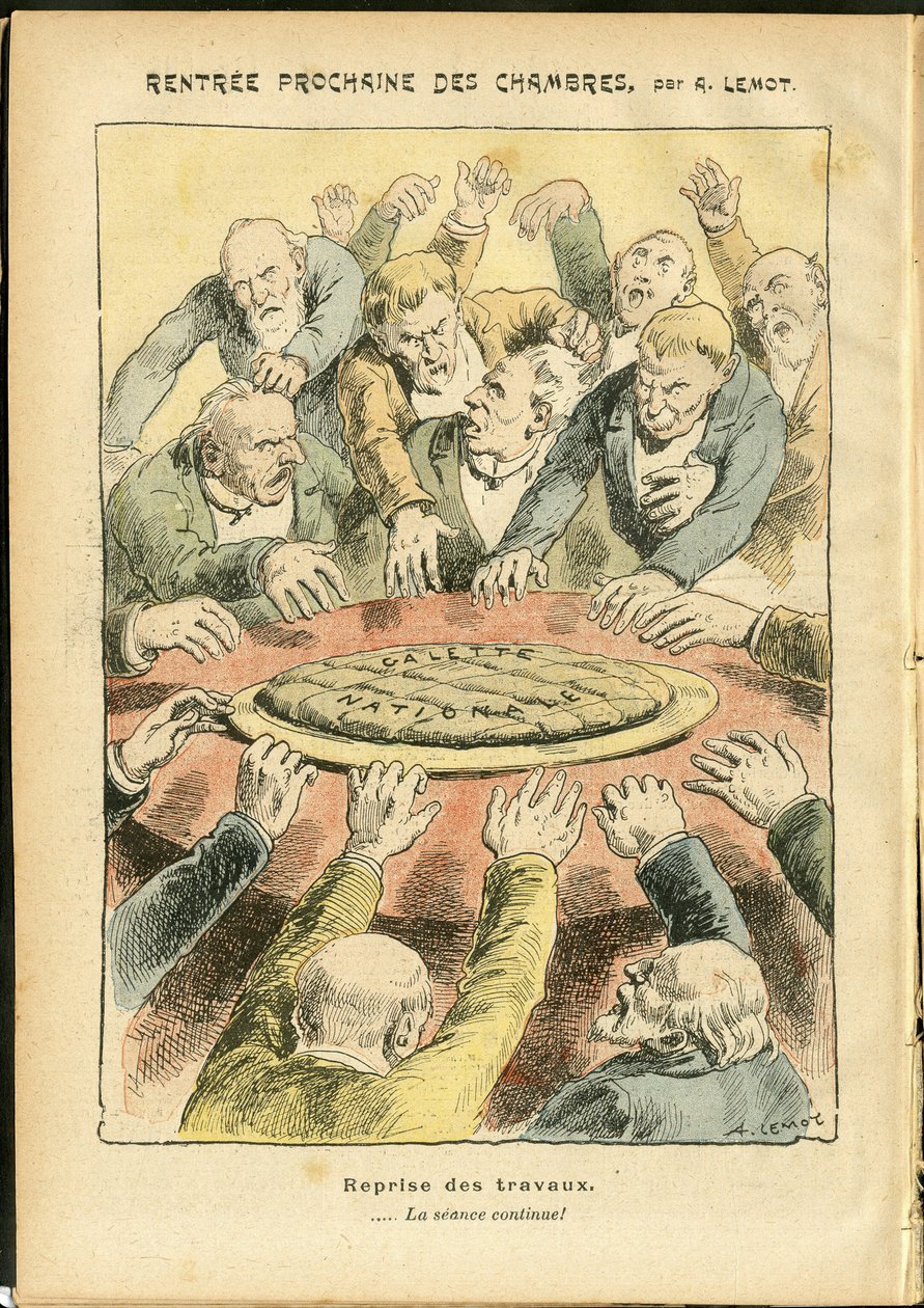Illustratie van Achille Lemot (1846-1909) in Le Pelerin, 03/06/06 - Volgende verhuur van de kamers - Antiparlementarisme, Kamer van Afgevaardigden Hemicycle, Galette des rois - Afgevaardigde door Achille Lemot