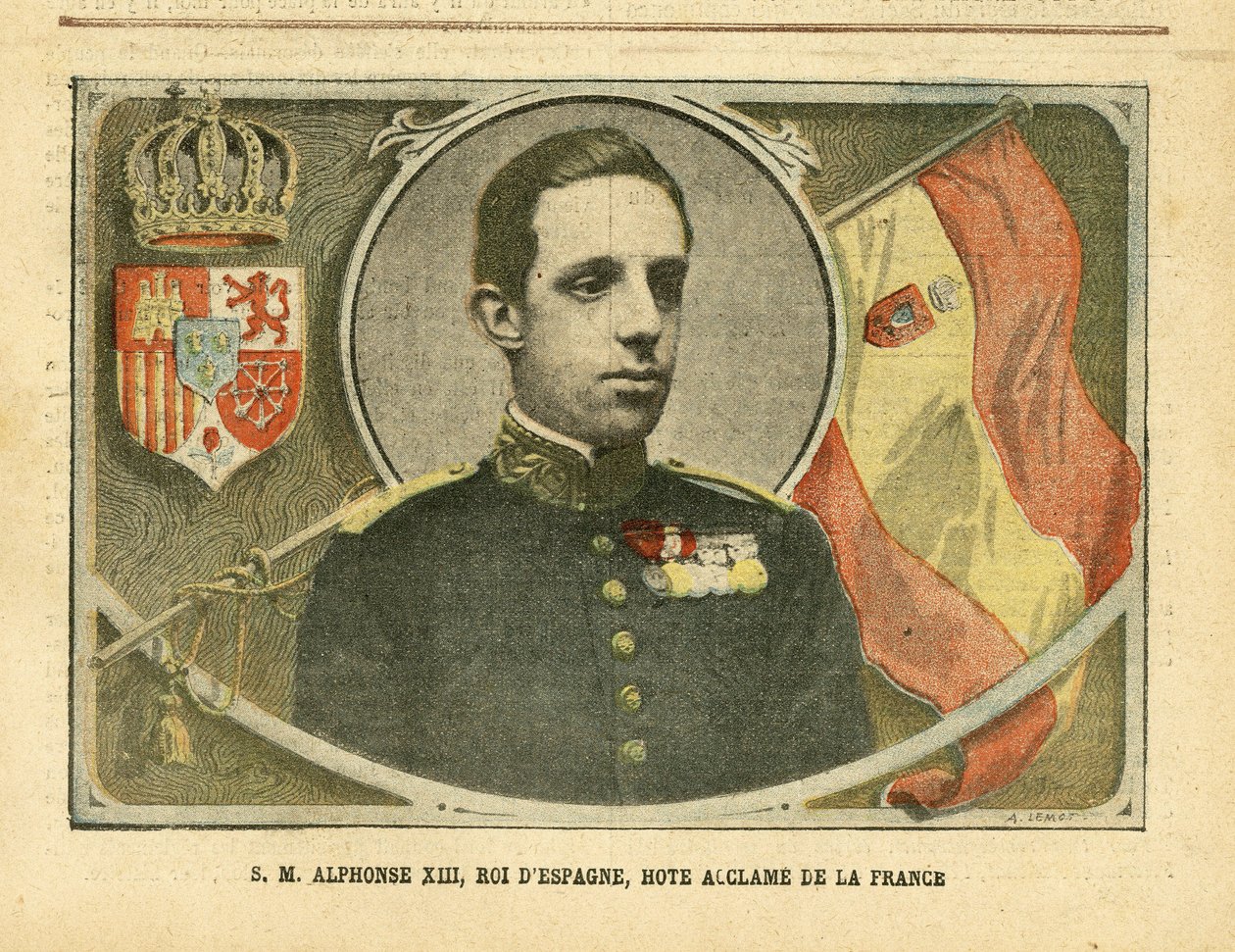 Illustratie van Achille Lemot in Le Pelerin, 04/06/05 - Zijne Majesteit Alfonso XIII, Koning van Spanje, Geëerde Gast van Frankrijk - Spanje, Monarchie, Vlaggen, Buitenlandse Soeverein - Alfonso XIII door Achille Lemot