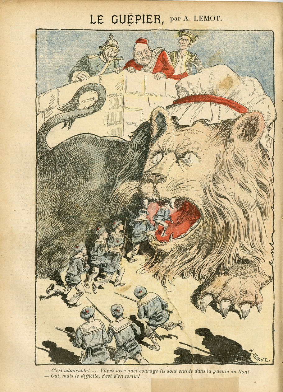 Illustratie van Achille Lemot (1846-1909) in Le Pelerin, 25/08/07 - Le Guepier - Oorlog, Duitsland Pruisen, Engeland Groot-Brittannië, Spanje, Maritiem Marine Kust - Leeuw/Tijger door Achille Lemot