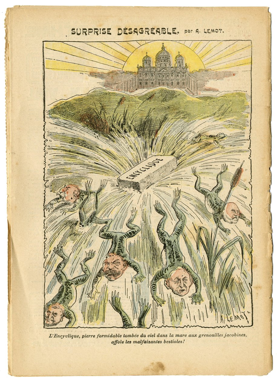 Illustratie van Achille Lemot (1846-1909) in Le Pelerin, 26/08/06 - Onaangename verrassing - Klerikaal/antirepublikeins, Religie Geloof, Vaticaan, Uitdrukkingen, Katholiek Katholicisme - Encycliek - Batrachische Kikker - Animalisatie door Achille Lemot