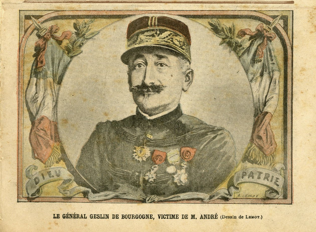 Illustratie van Achille Lemot in Le Pelerin, 27/03/04 - Generaal Geslin van Bourgondië, slachtoffer van de heer Andre - Leger, Kaartzaak - Andre Louis, Generaal, Jules Henri Geslin van Bourgondië door Achille Lemot