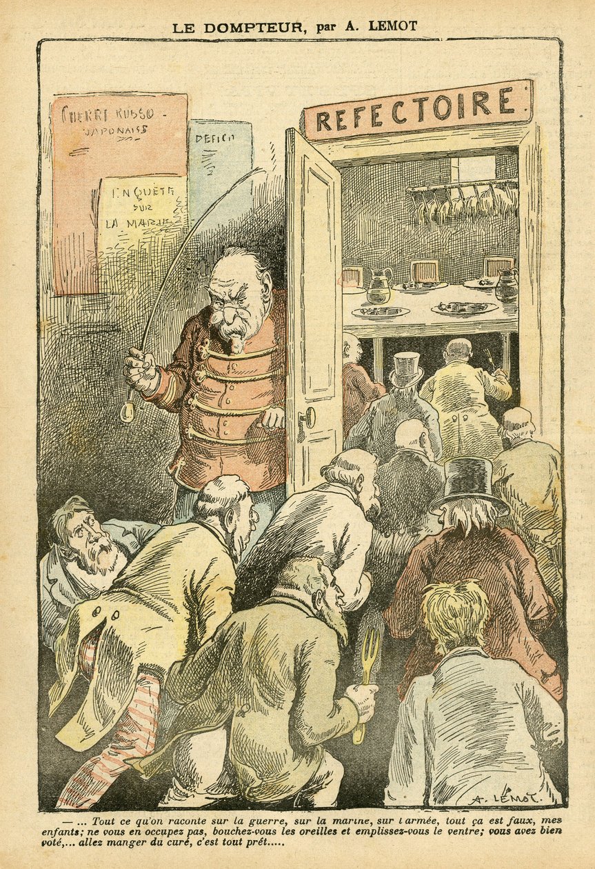Illustratie van Achille Lemot in Le Pelerin, 27/03/04 - De temmer - Restaurant Cafés, Gastronomie kok - Combes Emile, Temmer - Voedsel Metafoor door Achille Lemot