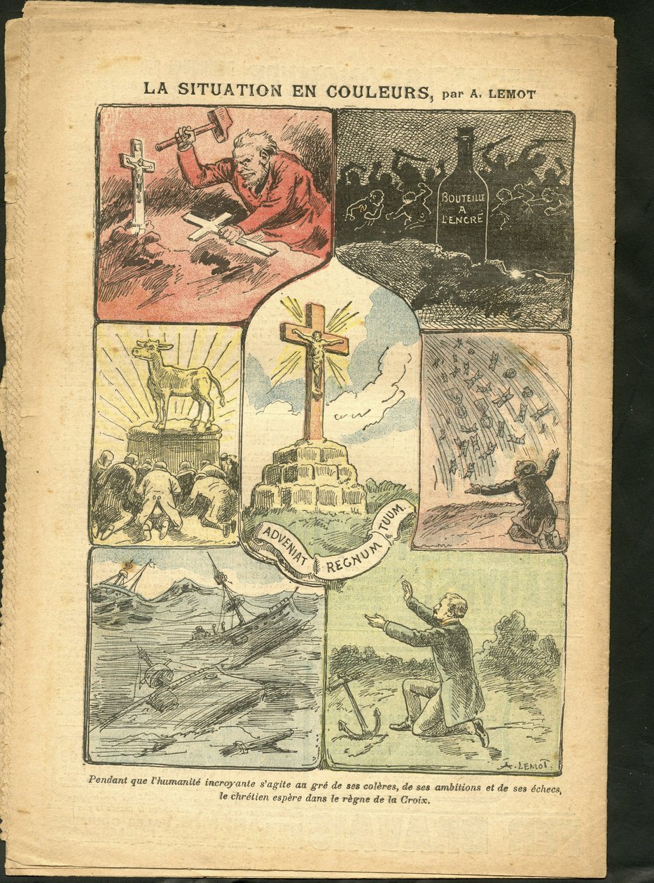 Illustratie van Achille Lemot (1846-1909) in Le Pelerin, 28/02/09 - De situatie in kleur - Religie Geloof, Maritiem Marine Kust, Atheïsme, Ongelukken Rampen, Natuurramp, Christelijk Kruis, Katholiek Katholicisme - Gouden Kalf door Achille Lemot