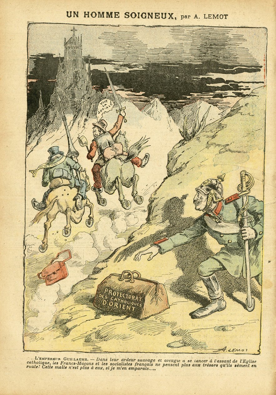 Illustratie in Le Pelerin, 28/05/05 - Een zorgvuldige man - Antiklerikalisme, Sociaal, Kolonisatie Kolonialisme, Franco-Maconisme, Oriënt, Religie Geloof, Linkse Blok, Socialisme, Protectoraat van Oosters Katholicisme, Katholiek Kat door Achille Lemot