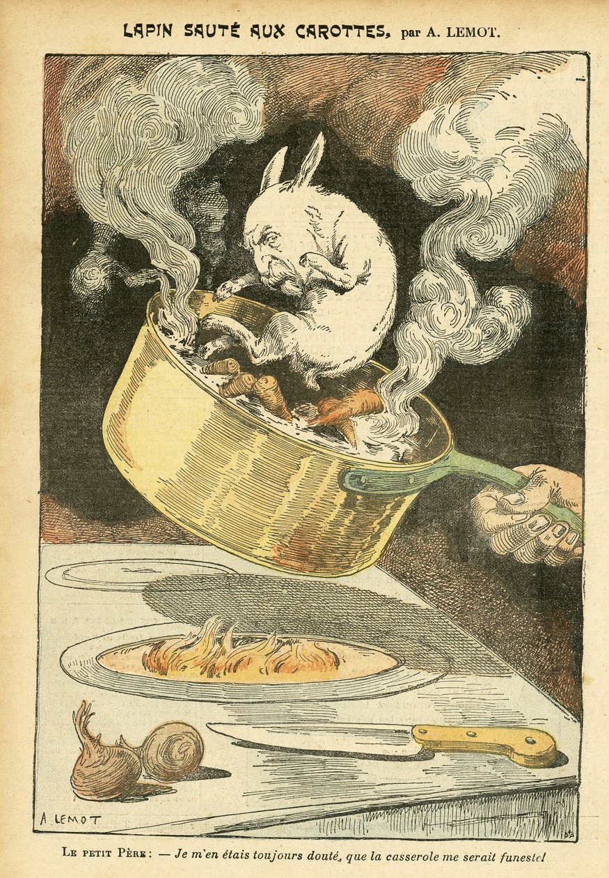 Illustratie van Achille Lemot (1846-1909) in Le Pelerin, 29/01/05 - Konijnstoofpot met wortelen - Affaire des fiches, Gastronomie keuken - Combes Emile (1835-1921), Konijn - Pan - Voedselmetafoor, Animalisatie door Achille Lemot