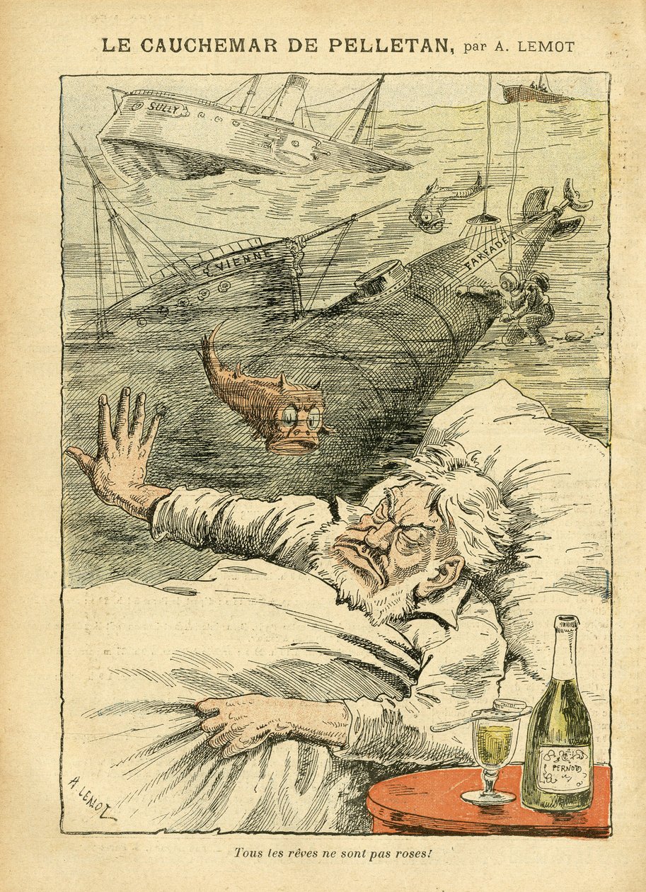 Illustratie van Achille Lemot (1846-1909) in Le Pelerin, 30/07/05 - De Nachtmerrie van Pelletan - Diverse Feiten, Leger, Marine Marine Marine Kust, Onderzeeër, Ramp Ongelukken, Alcoholist Alcoholist Alcoholist, Farfadet, Sully, Oorlogsschepen - Vis, Pellet door Achille Lemot