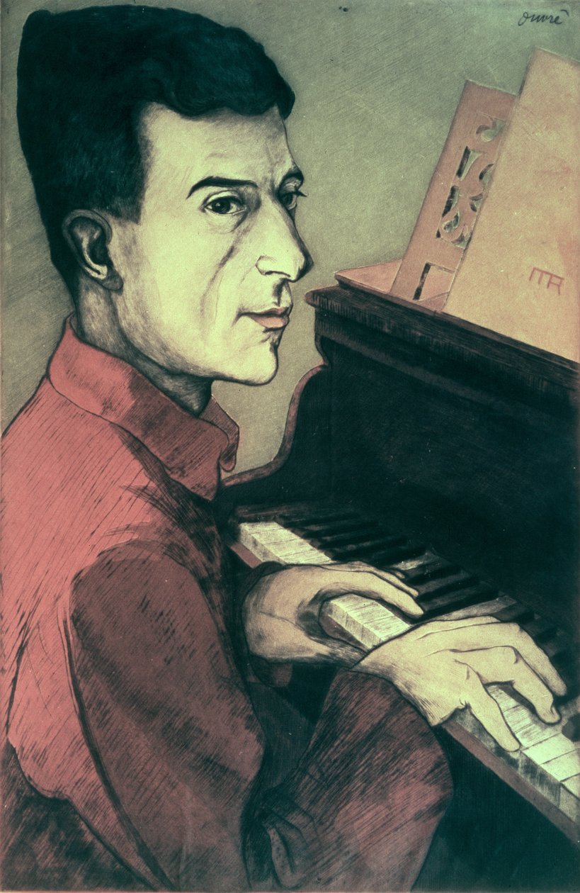 Portret van Maurice Ravel die piano speelt door Achille Ouvré