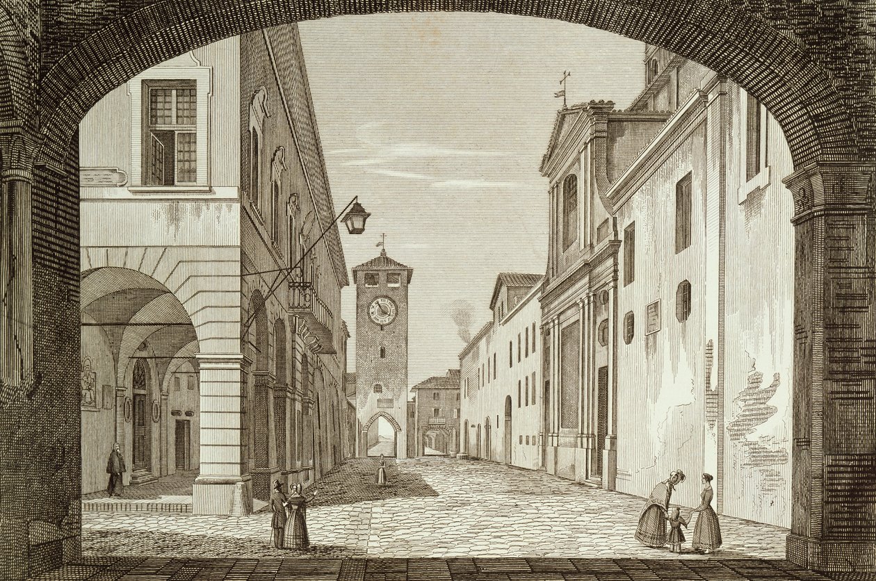 Uitzicht op het plein van Castel Bolognese in Legatie van Ravenna, gegraveerd door Achille Parboni door Achille Parboni
