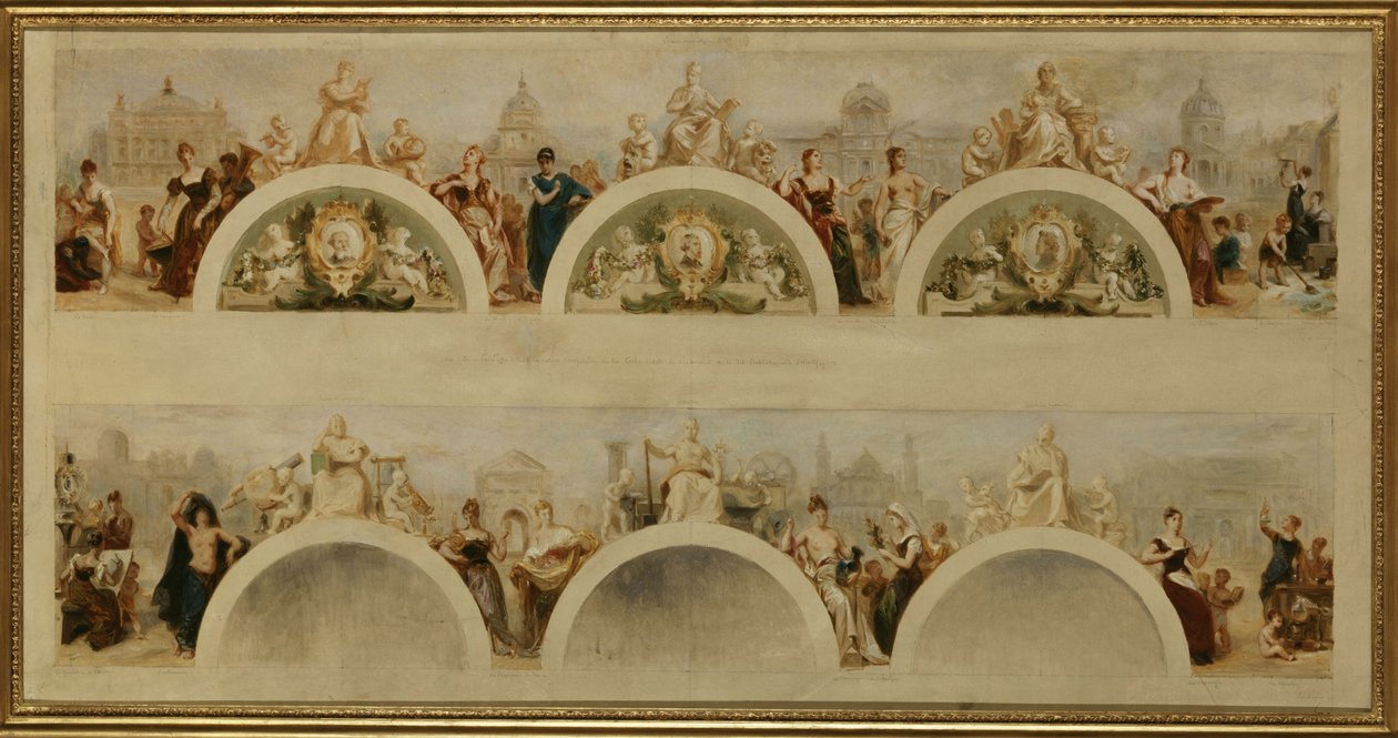 De stad Parijs biedt alle naties de gastvrijheid van haar kunstscholen, musea en wetenschappelijke instellingen - Schets voor de ingangshal van het Hôtel de Ville de Paris door Achille Sirouy