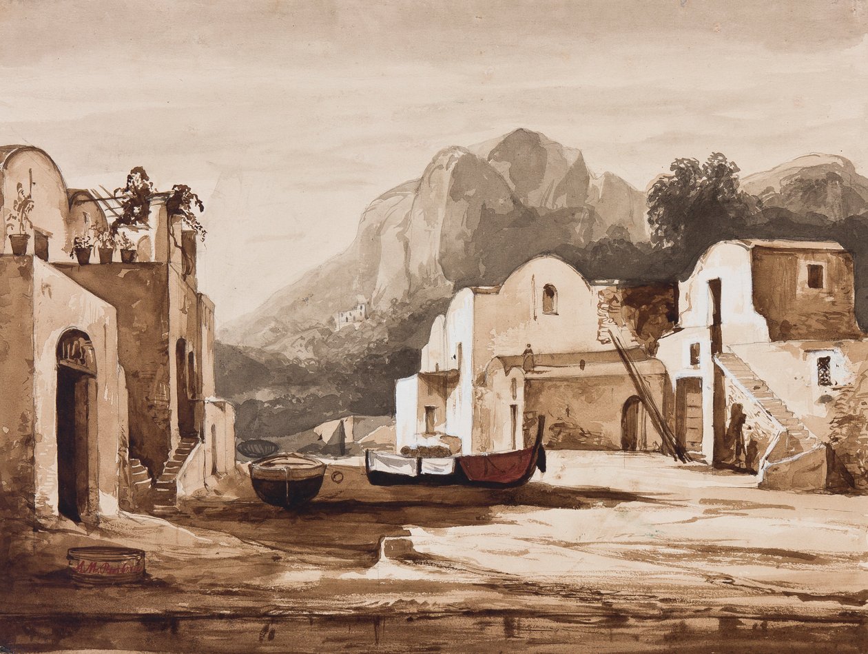 Napolitaans kustdorp, mogelijk Capri met Monte Solaro, met toevoegingen door Prins Alfonso Maria di Borbone (1841-1934) door Achille Vianelli
