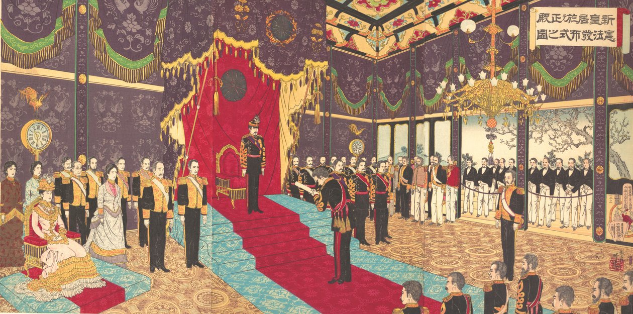 Uitzicht op de uitgifte van de staatsgrondwet in de staatskamer van..., 2 maart 1889 Meiji 22 door Adachi  Ginkō