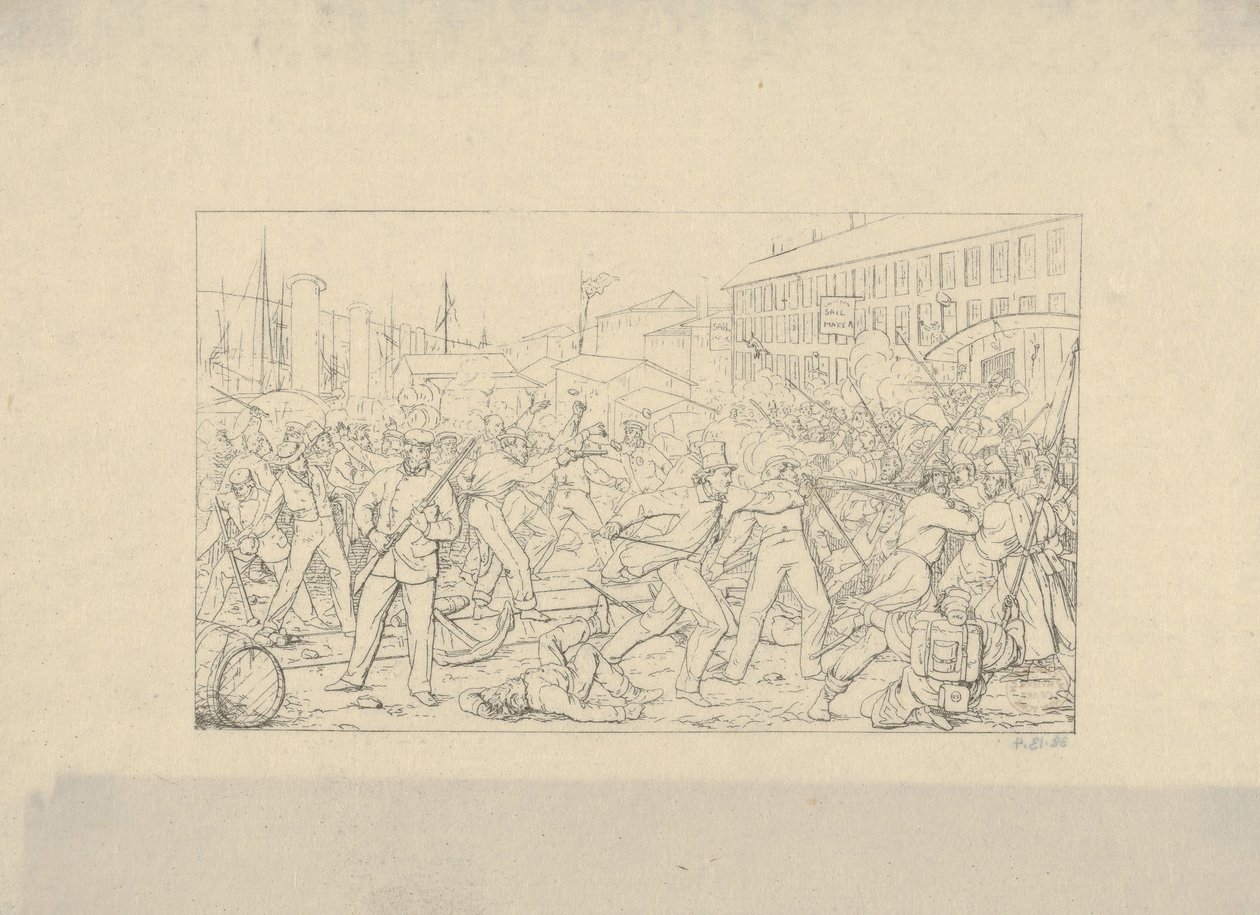 Slag bij Baltimore, 19 april 1861 uit Confederate War Etchings, 1861-63 door Adalbert John Volck