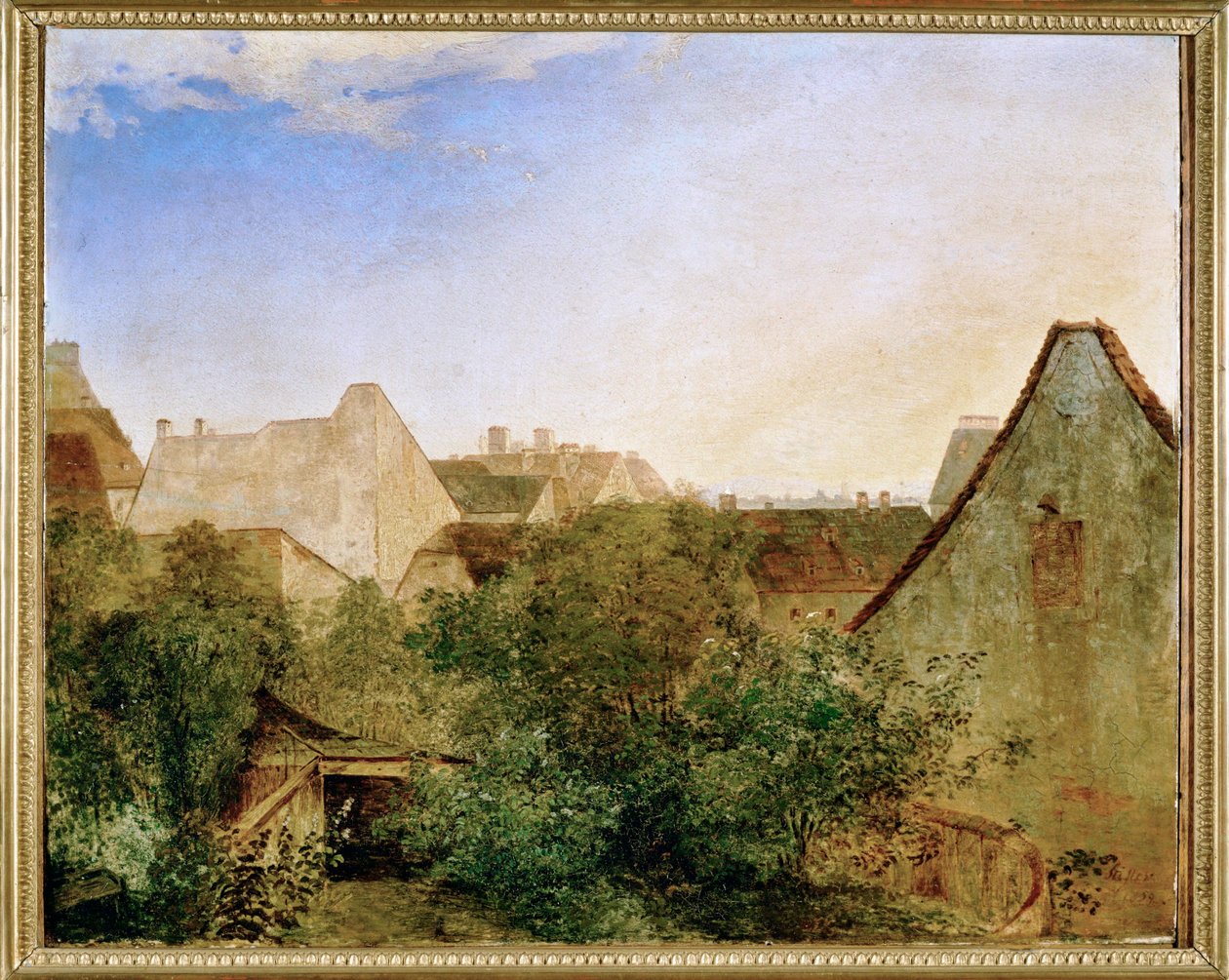 Blick ueber Wiener Vorstadthaeuser - Uitzicht over de buitenwijken van Wenen ... (schilderij op hout) door Adalbert Stifter
