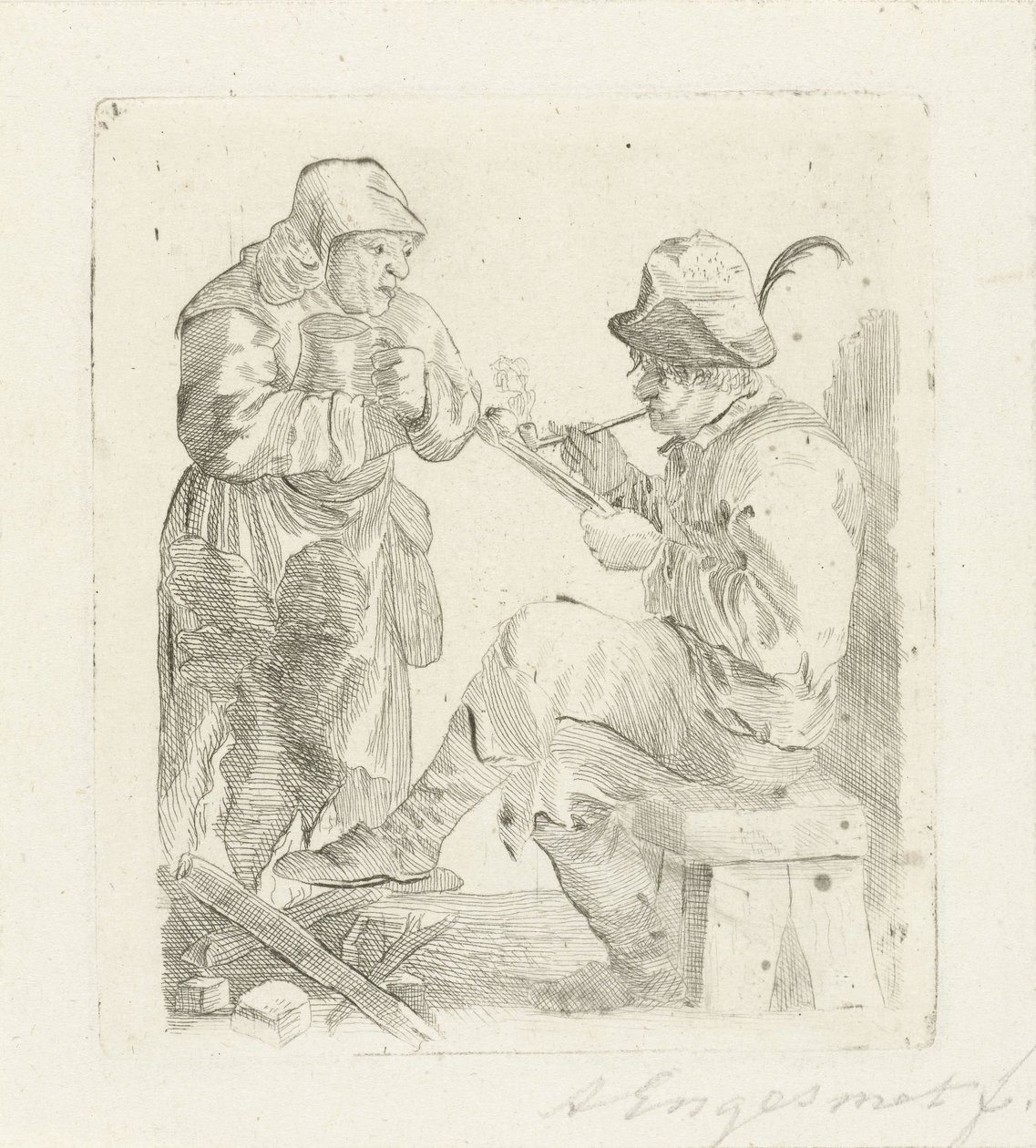 Rokende man door Adalbertus Engelsmet (signed by artist)