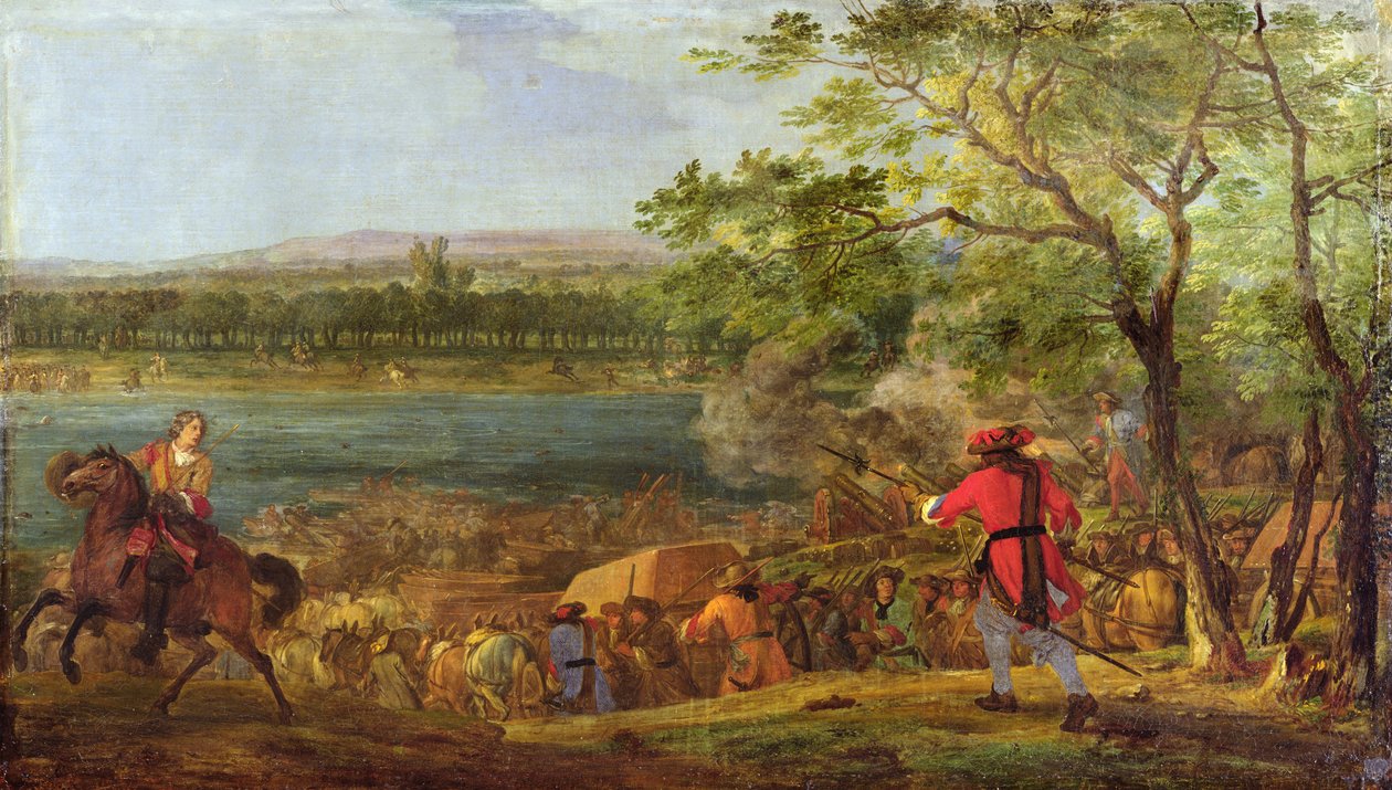 De aankomst van de pontonniers voor de oversteek van de Rijn, eind 17e eeuw door Adam Frans van der Meulen
