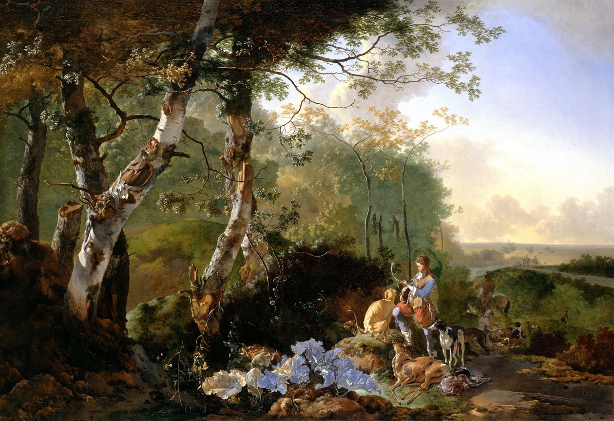 Landschap met Sporters en Wild door Adam Pynacker