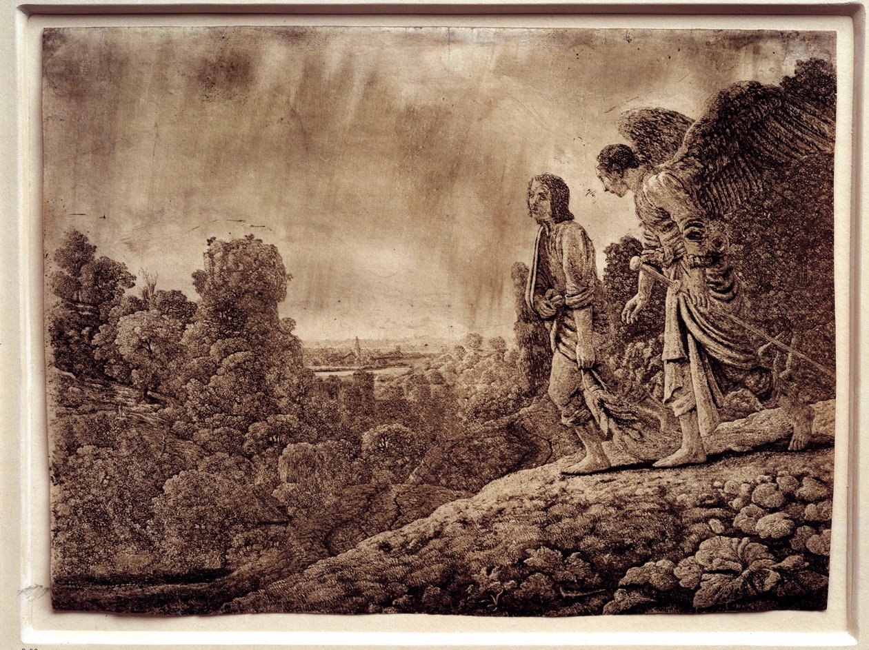 Tobias en de engel (Sterkwater op koper) door Adam (after) Elsheimer