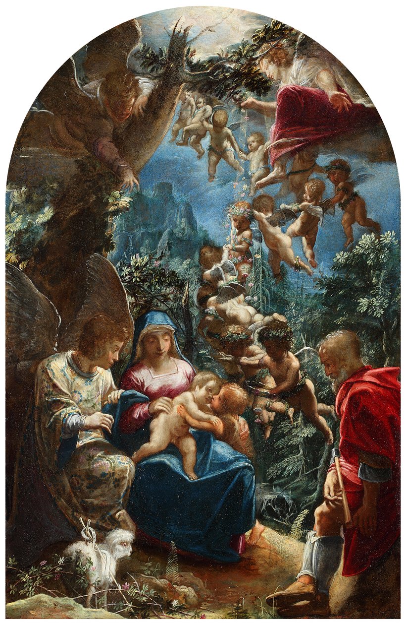 De Heilige Familie met engelen en de jongens van Johannes door Adam Elsheimer