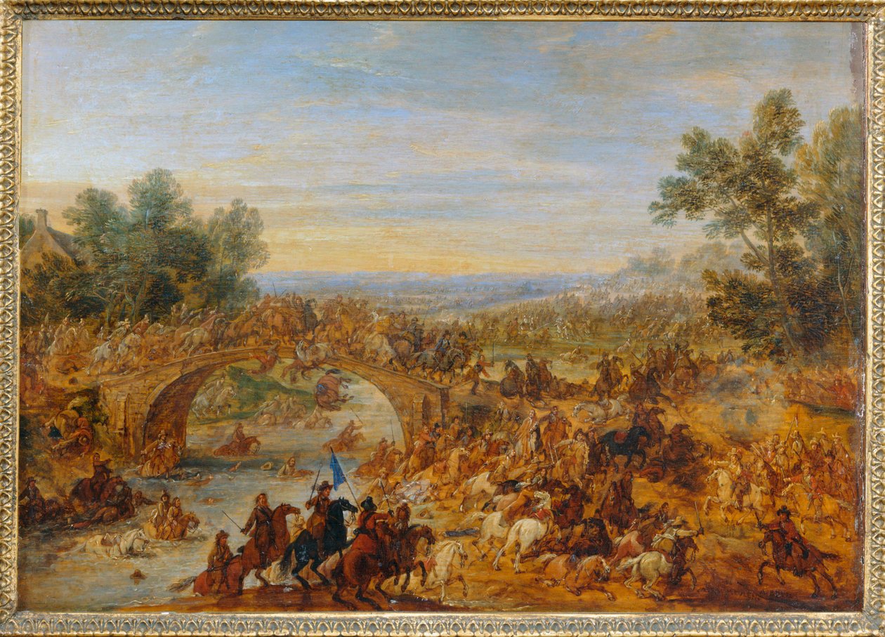 Cavalerie vechtend terwijl ze een brug oversteken ... door Adam Frans van der (circle of) Meulen