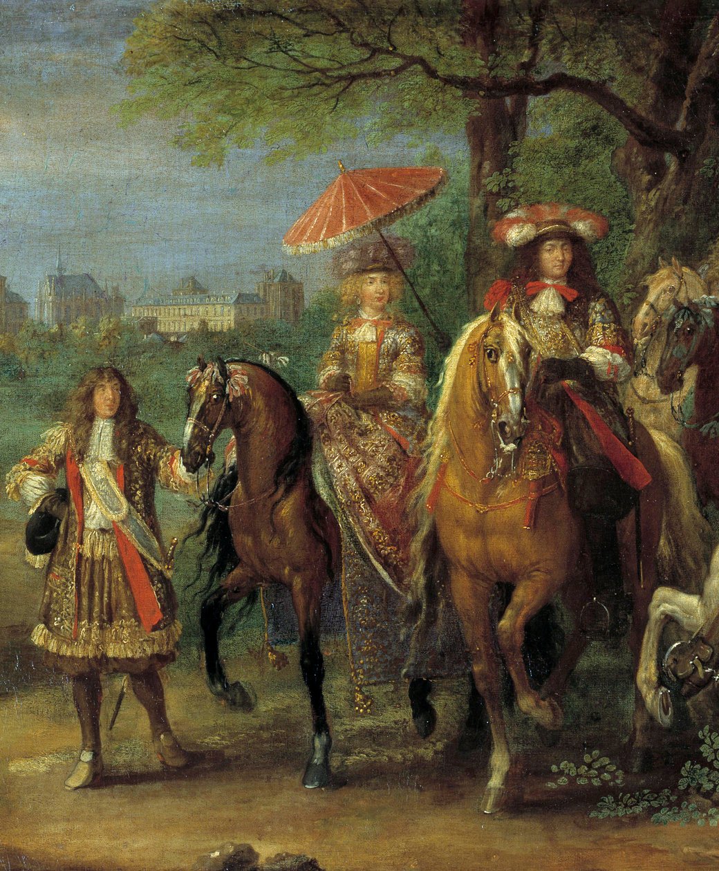 Koning Lodewijk XIV (1638-1715) en koningin Marie-Therese van Oostenrijk (1638-1683) wandelend voor het kasteel van Vincennes in 1669 (detail) door Adam Frans van der Meulen