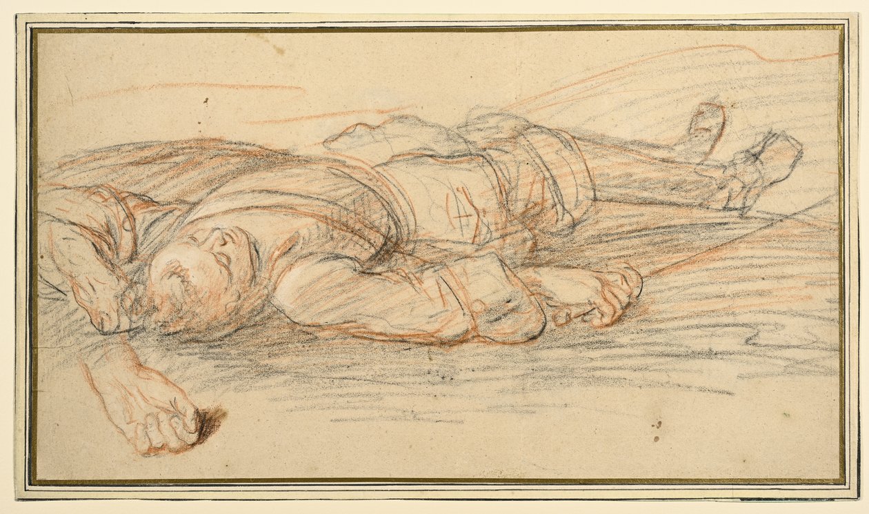 Studie voor een krijger liggend op het slagveld, en een extra studie van de linkerhand door Adam Frans van der Meulen
