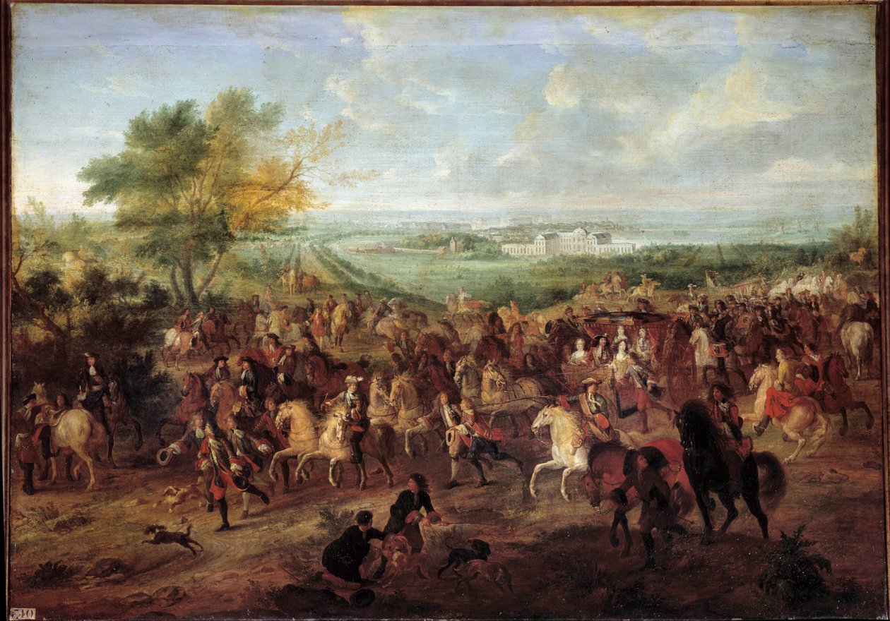 Rit met koets van koning Lodewijk XIV, koningin Marie Thérèse van Oostenrijk, dauphin Louis en dauphine voor het kasteel van Clagny in Versailles door Adam Frans van der Meulen