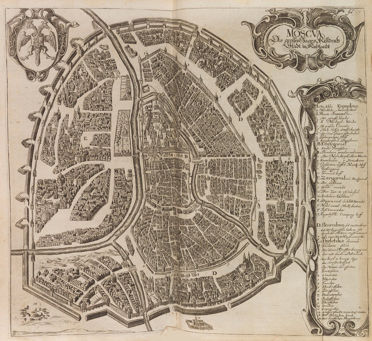 Kaart van Moskou. Uit: Vermehrte Newe Beschreibung der Muscowitischen, 1656 door Adam Olearius