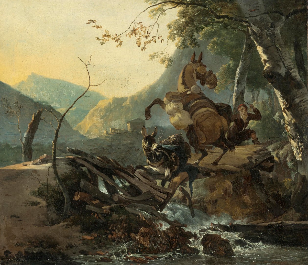 Een Italianiserend landschap met twee ezels die een instortende brug oversteken door Adam Pynacker