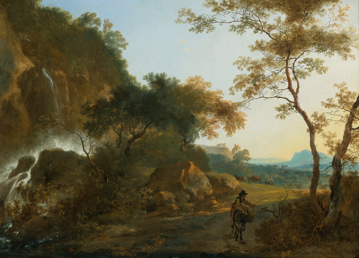 Italianiserend landschap met een reiziger op een pad bij een waterval door Adam Pynacker
