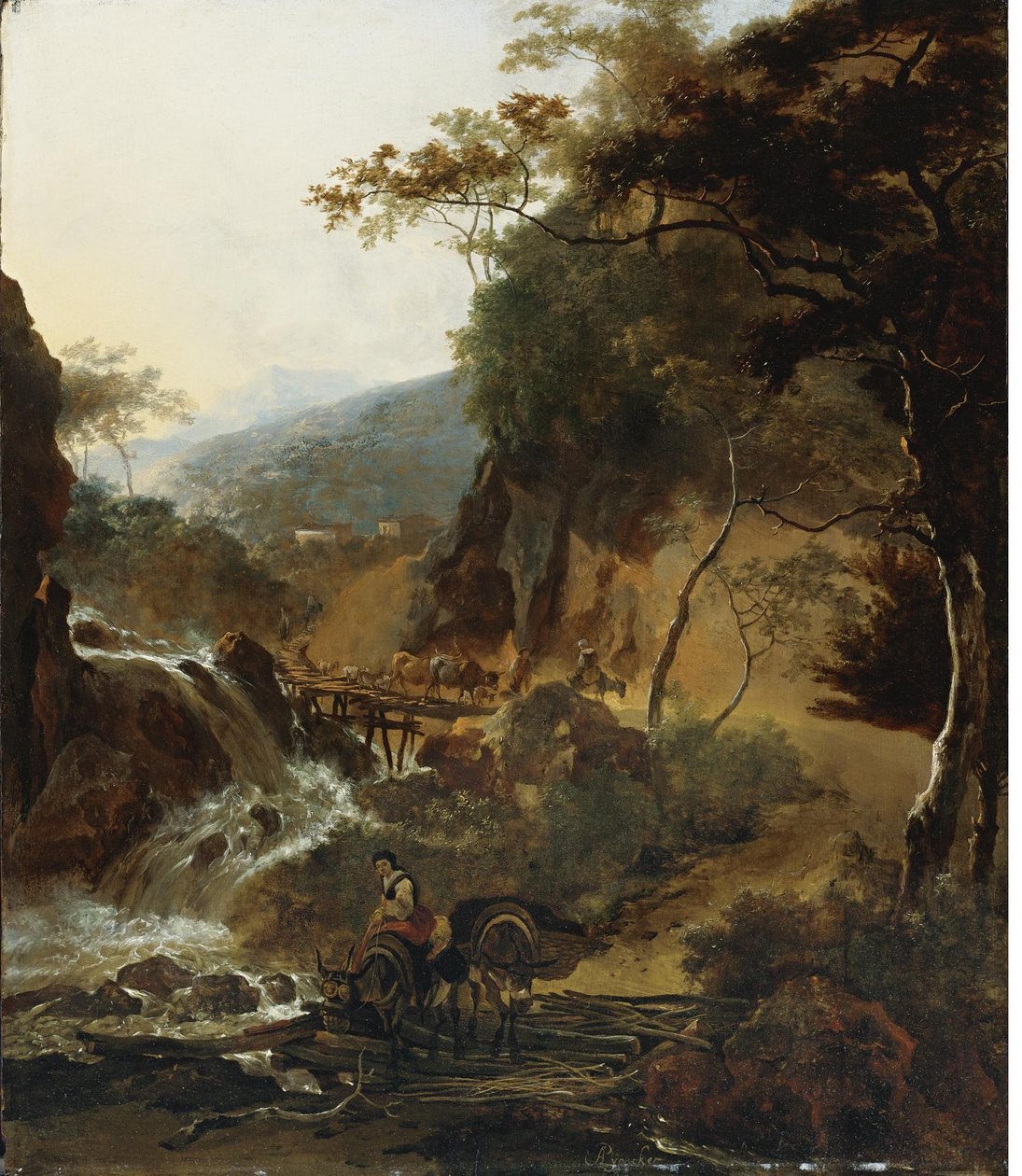 Italianiserend berglandschap met herders en vee bij een waterval door Adam Pynacker