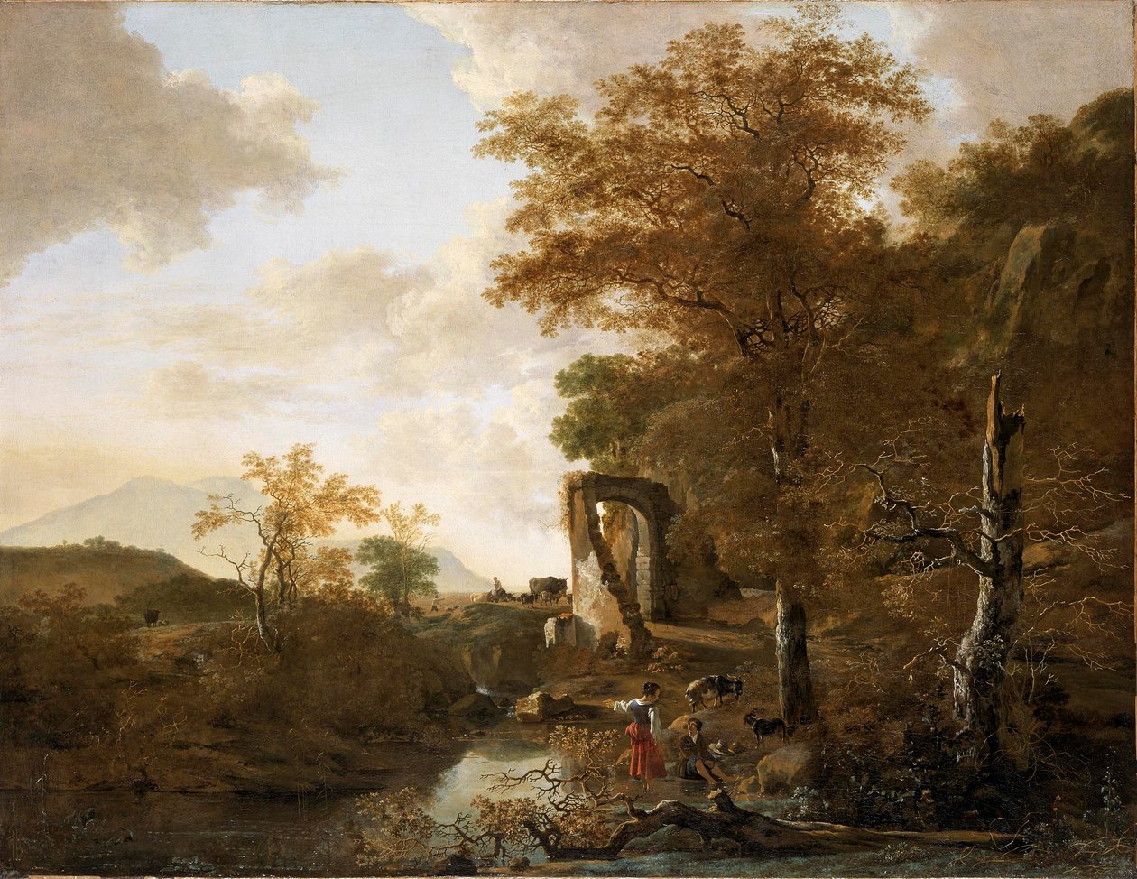 Landschap met boogpoort (Landschap met stenen poort en vijver) door Adam Pynacker