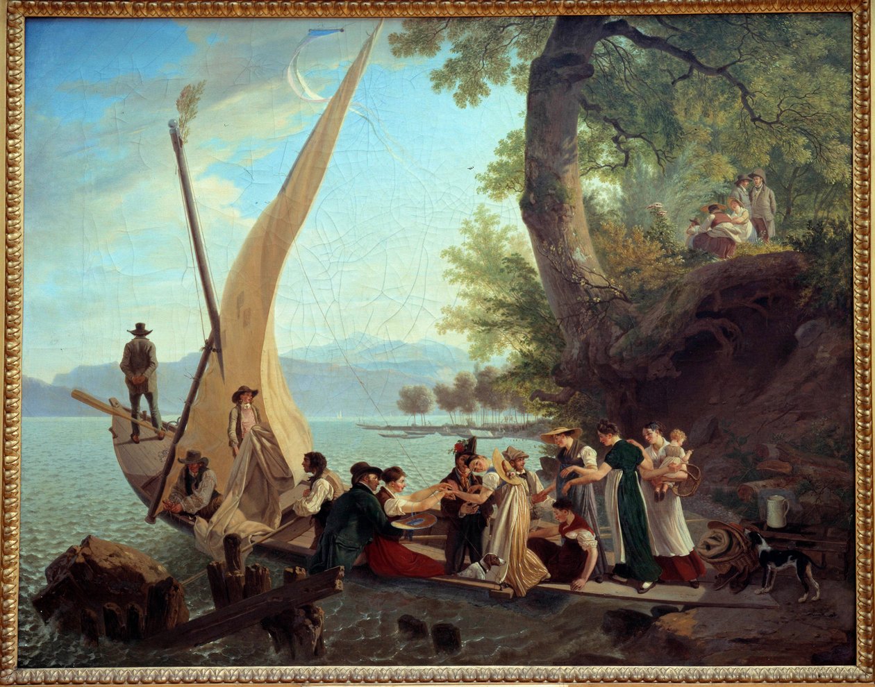 Inscheping van het bruiloftsfeest op een zeilboot door Adam Topffer