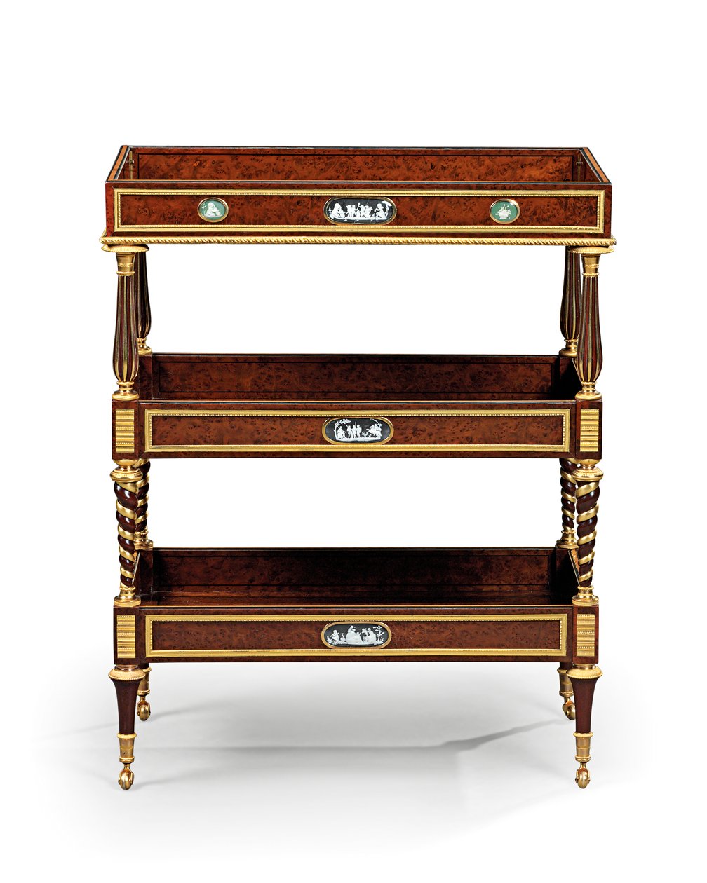 Late Louis XVI ormolu en camee-gemonteerde burr yew wood en mahonie tafel travailleuse door Adam Weisweiler