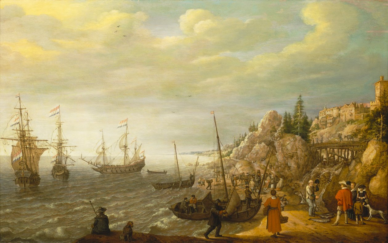 Nederlandse schepen voor anker bij een versterkte Scandinavische stad door Adam Willaerts