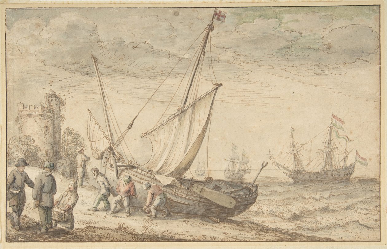 Vissers trekken hun boot op de kust, n.d. door Adam Willaerts
